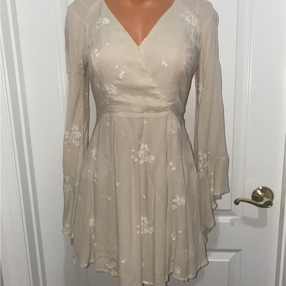 Free People Tan Pleated Long Sleeve Sundress